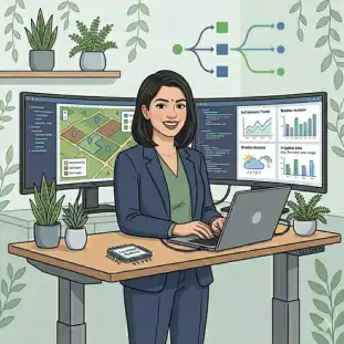 Animated woman managing backend systems for a managed farmland project on digital screens