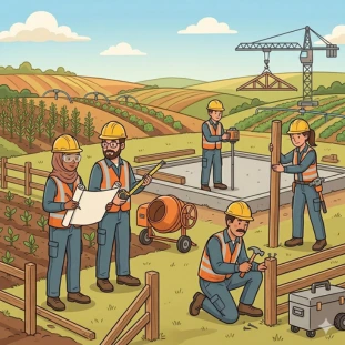 Animated male and female construction team building and developing managed farmland structures
