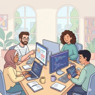 Animated male and female developers working on farm tech systems and land management software