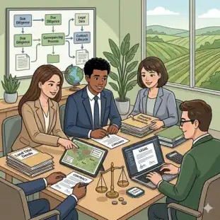 Animated legal team of male and female professionals handling farmland documentation and contracts