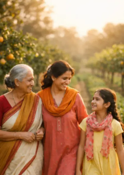 Three generations of women on farmland, representing heritage and sustainable agriculture