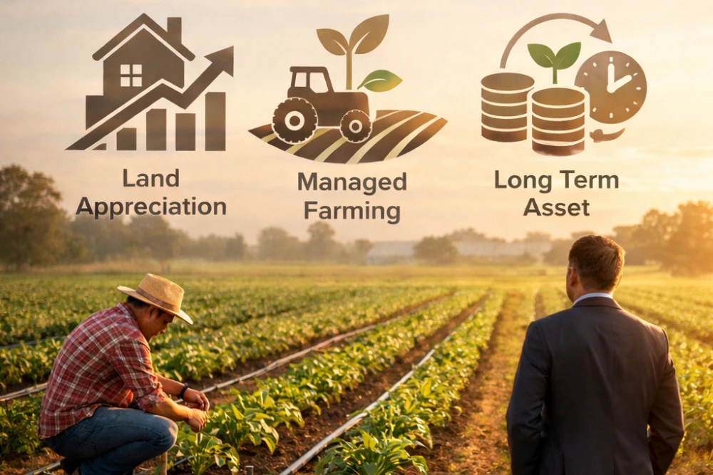 Managed farmland investment with crop field, land appreciation, and long-term asset growth