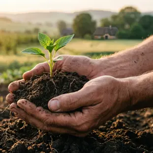 Hands holding soil with growing plants representing real tangible farmland investment