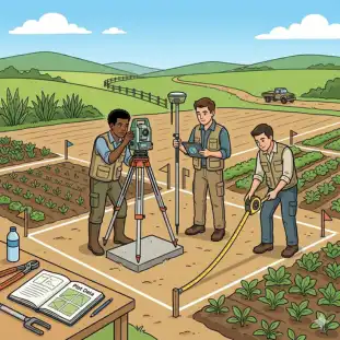 Animated male survey team conducting farmland measurements with surveying tools outdoors
