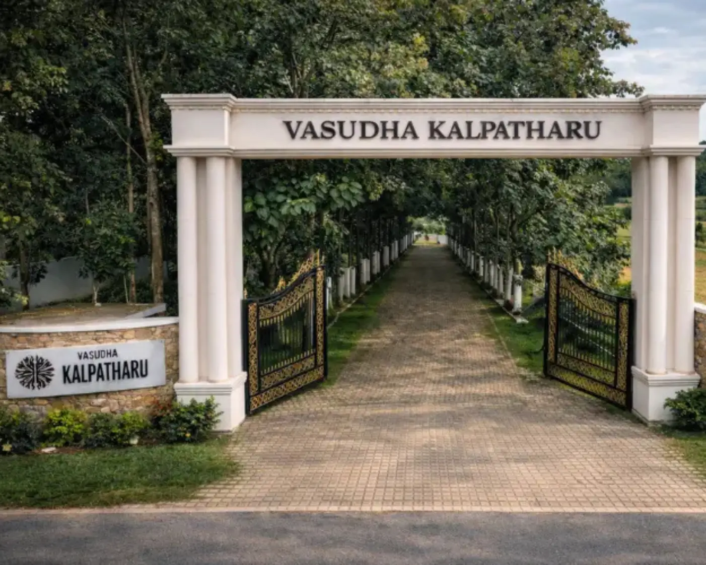 Grand entrance of vasudha kalpataru with scenic views and landscaped surroundings.