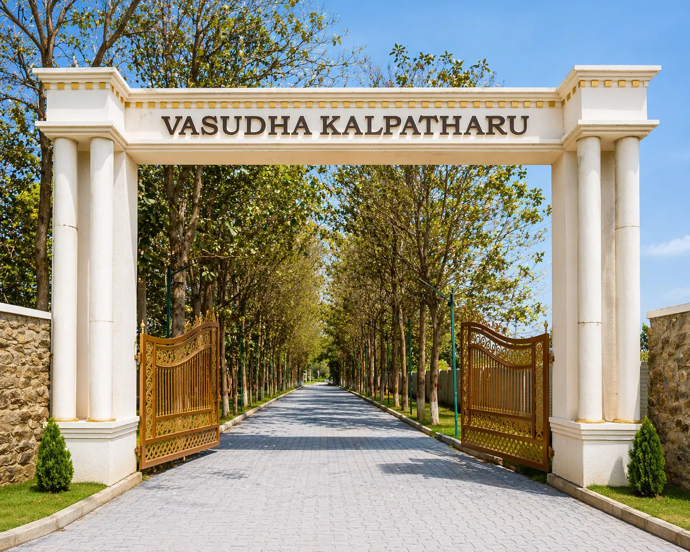 Vasudha kalpataru farms entrance gate surrounded by lush greenery and landscaped grounds welcoming visitors