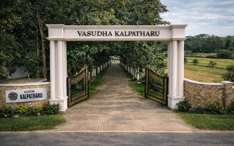 Grand entrance gate of vasudha kalpataru near settipalli.
