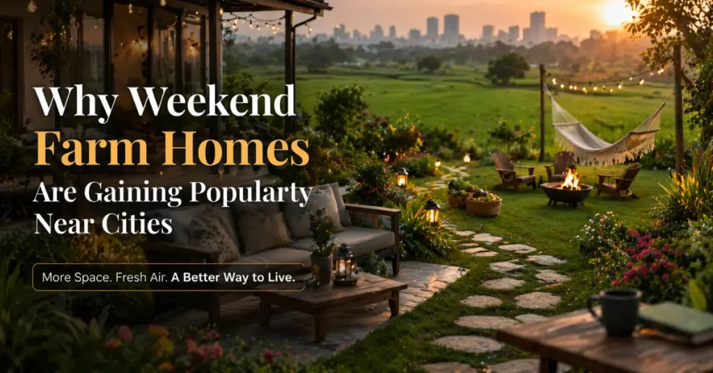 Weekend farm home near the city with scenic garden and sunset countryside view.