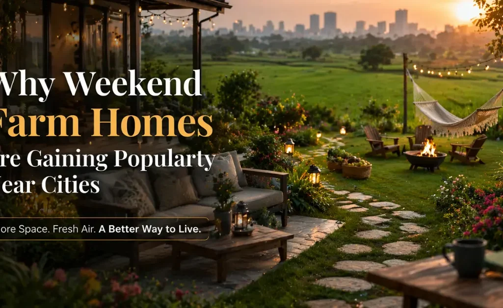 Weekend farm home near the city with scenic garden and sunset countryside view.