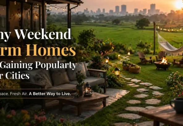 Weekend farm home near the city with scenic garden and sunset countryside view.