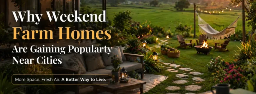 Weekend farm home near the city with scenic garden and sunset countryside view.